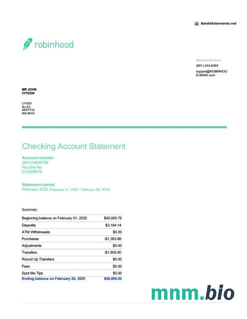 USA Robihood wyciąg bankowy Word i PDF szablon scr
